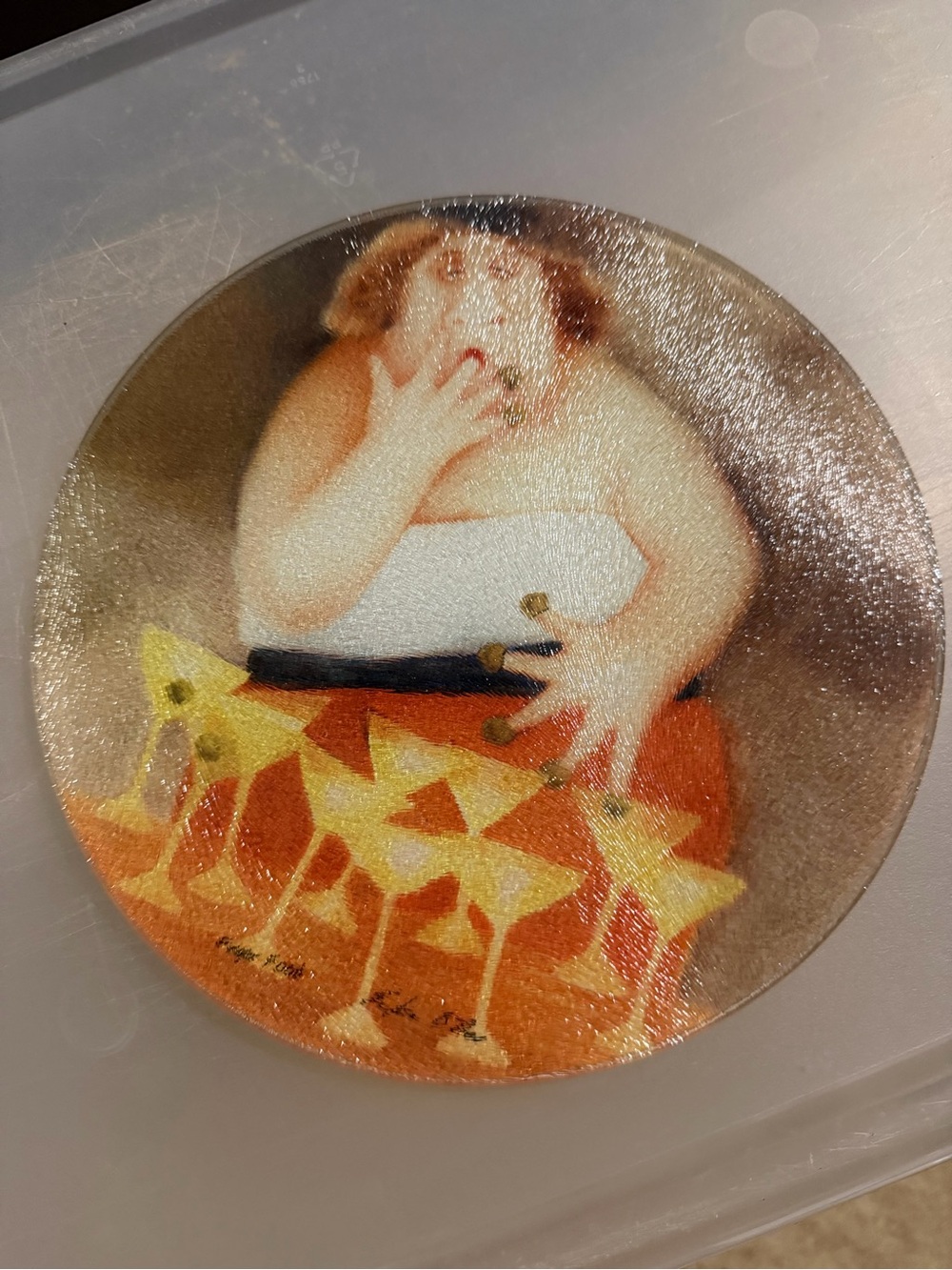 Decorative Round Serving Tray with Orange and Yellow Cocktail Motif